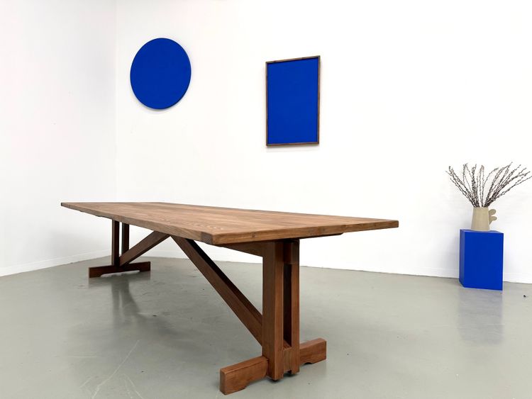 Large refectory table in solid pine and beech, X-shaped base, France, 1970s
