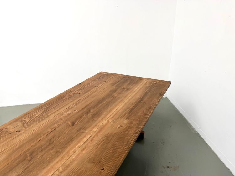 Large refectory table in solid pine and beech, X-shaped base, France, 1970s