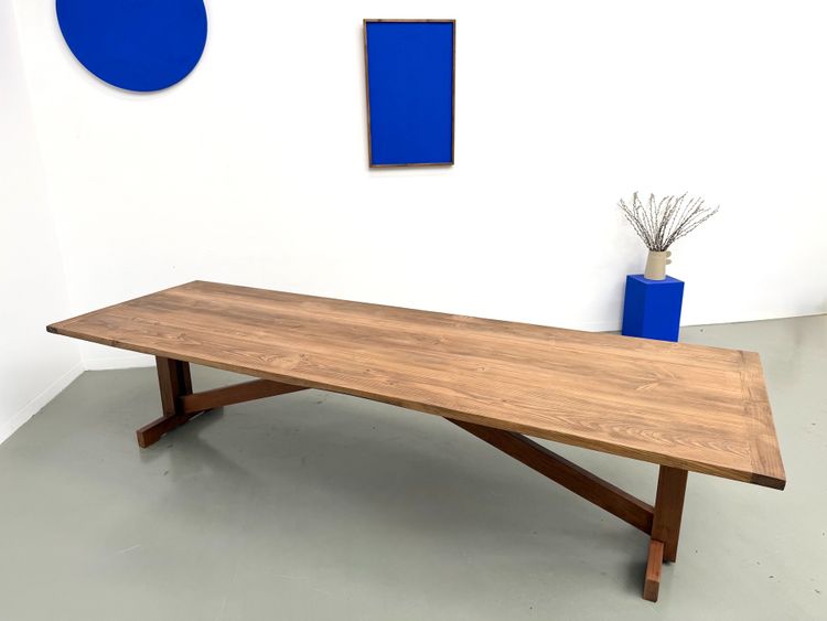 Large refectory table in solid pine and beech, X-shaped base, France, 1970s