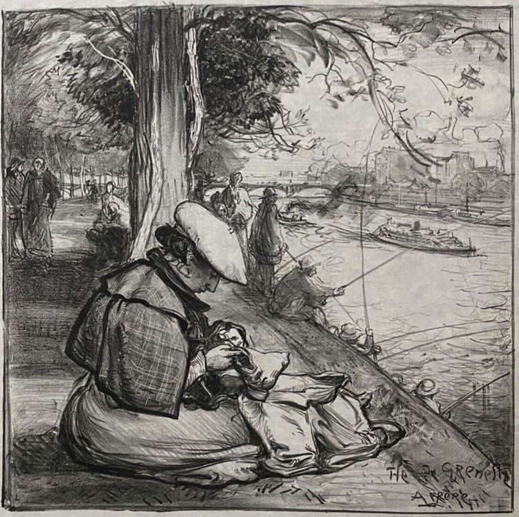 Lithograph countersigned by Auguste Lepère, woman at work, early 20th century