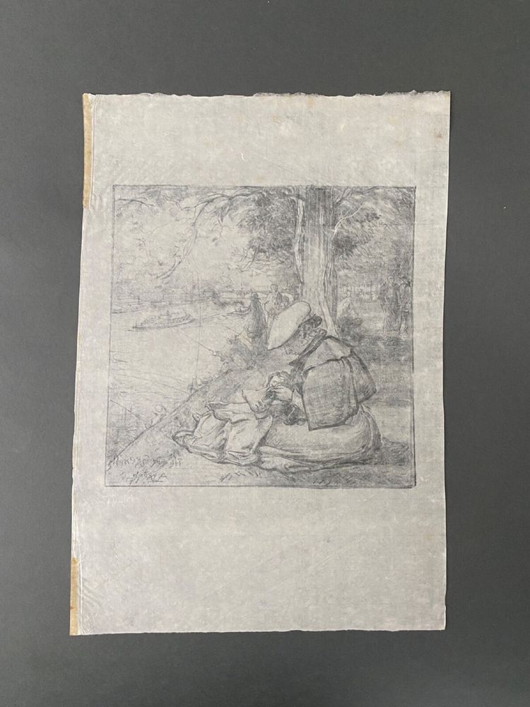 Lithograph countersigned by Auguste Lepère, woman at work, early 20th century