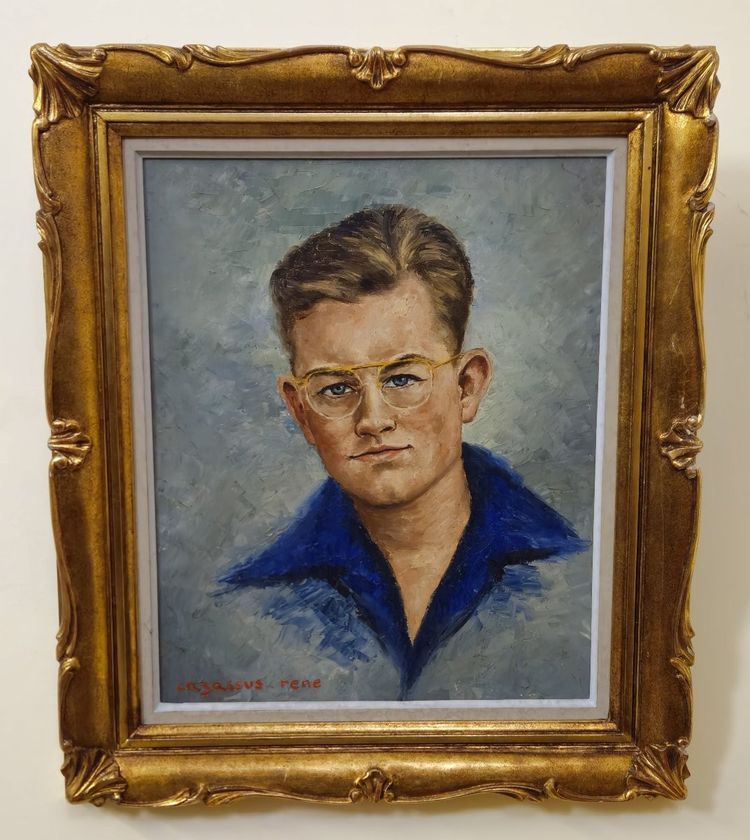 Portrait ancien de jeune homme – Huile sur toile signée René Cazassus – cadre doré