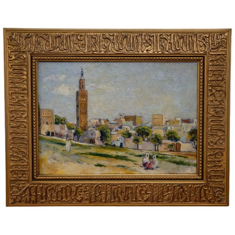 Tableau orientaliste signé – Huile sur panneau – Cadre sculpté à décor pseudo-coufique – XXe
