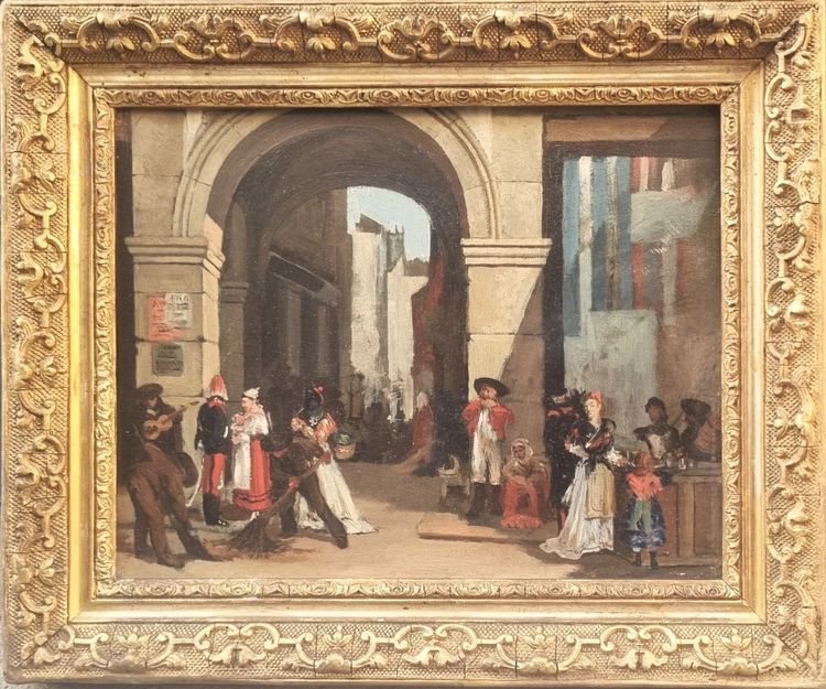 François BOSSUET (Attribuito a) - Veduta animata di una città in Spagna