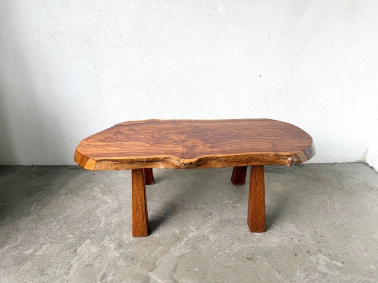 Brutalist coffee table in solid walnut, slab live edge top, France, 1970s