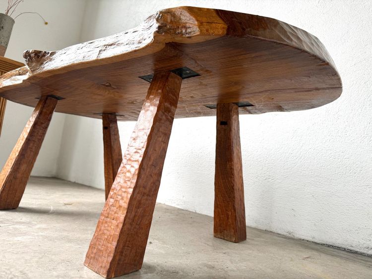 Brutalist coffee table in solid walnut, slab live edge top, France, 1970s