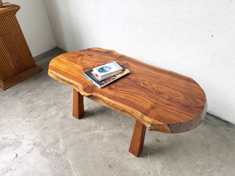 Brutalist coffee table in solid walnut, slab live edge top, France, 1970s