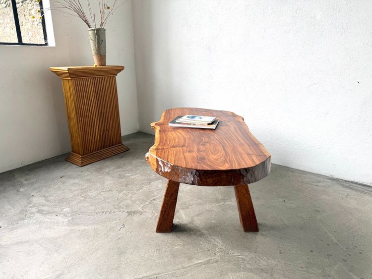 Brutalist coffee table in solid walnut, slab live edge top, France, 1970s