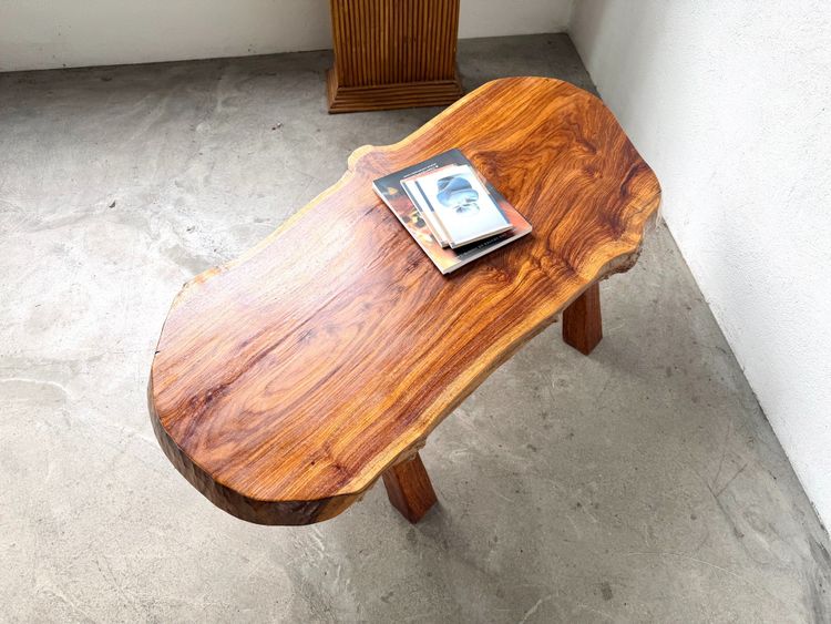 Brutalist coffee table in solid walnut, slab live edge top, France, 1970s