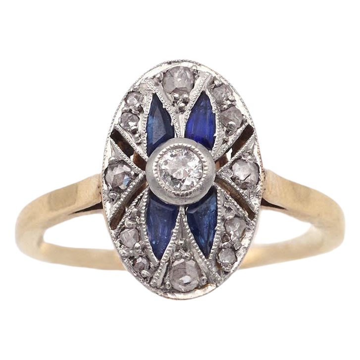 French Art Deco oval sapphire diamond ring in platinum and 18k gold, wedding ring 