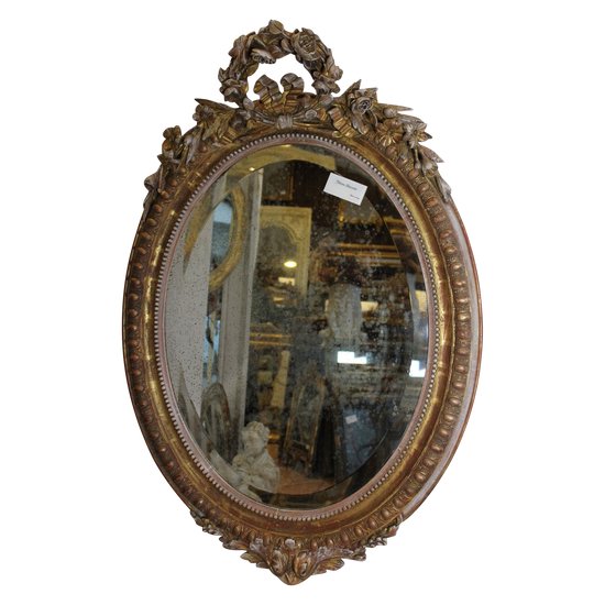 Miroir Ovale Napoléon III à Godrons, Or Et Patine 68 X 99 Cm