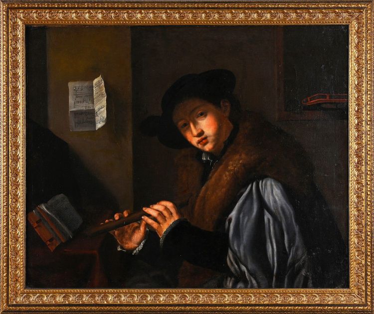 D’après Giovanni Girolamo Savoldo (c.1480-c.1548)  Portrait d’un jeune flutiste Huile sur toile