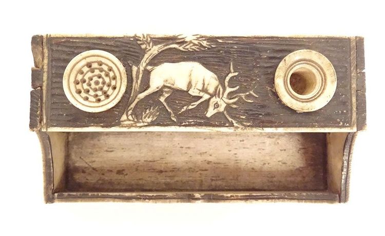 Small miniature inkwell carved bone doe deer dog fox Brussels 19th century