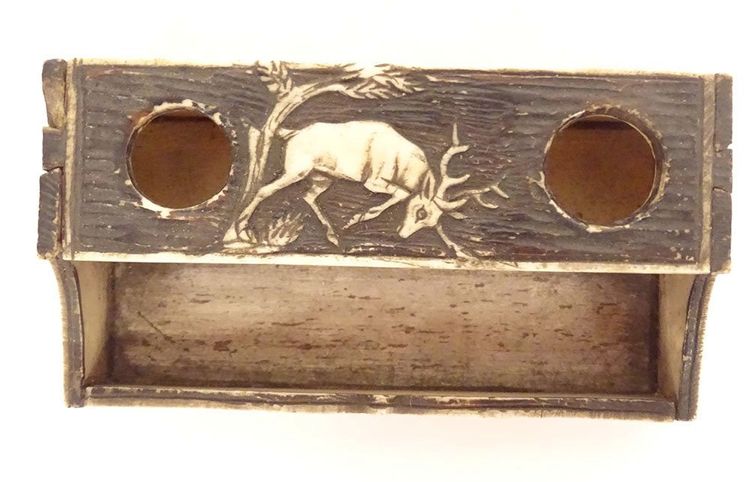 Small miniature inkwell carved bone doe deer dog fox Brussels 19th century