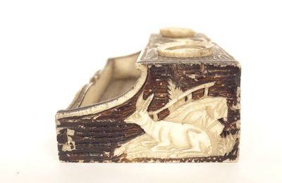 Small miniature inkwell carved bone doe deer dog fox Brussels 19th century