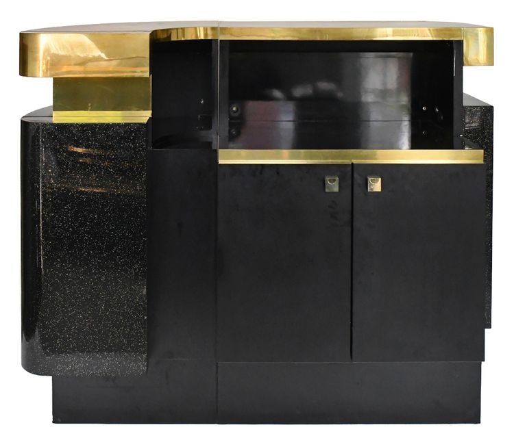 Bar mit schwarzem Lack und vergoldetem Messing sowie zwei Hockern von J.C. Mahey für Maison Romeo Paris 1970