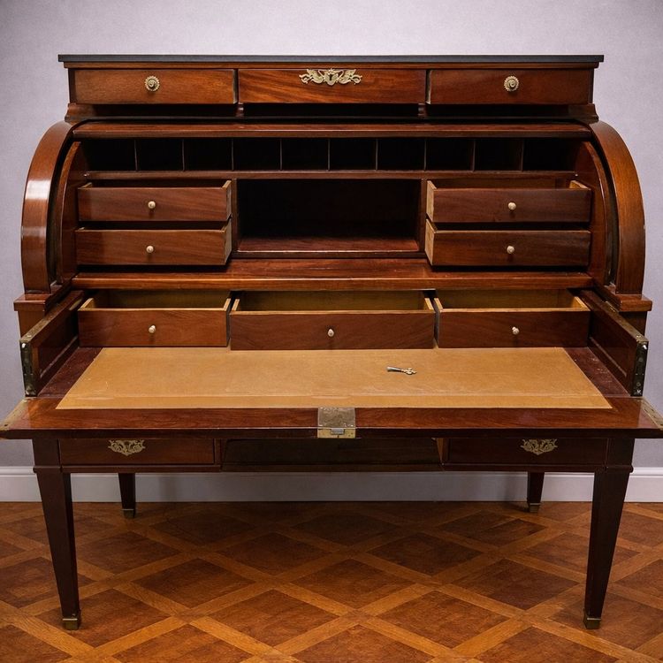 Important Louis XVI style mahogany cylinder secretary desk with double writing system