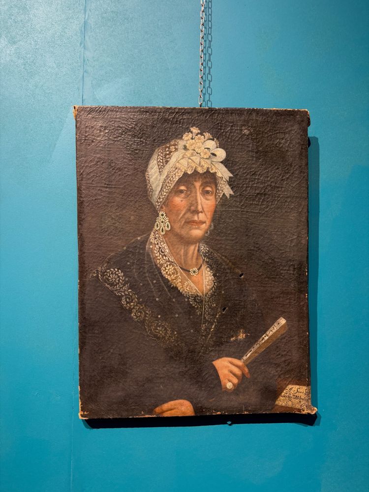 Antico dipinto olio su tela Dama XVIII sec, in costume dell'epoca, 71x53cm. 