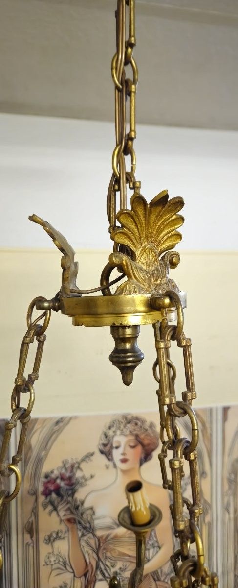 Lampadario antico in bronzo dorato a sei luci, stile Impero, risalente alla fine del XIX secolo.