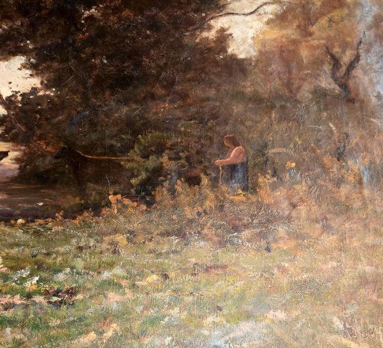 Immense huile sur toile ancienne représentant un paysage champêtre animé avec rivière