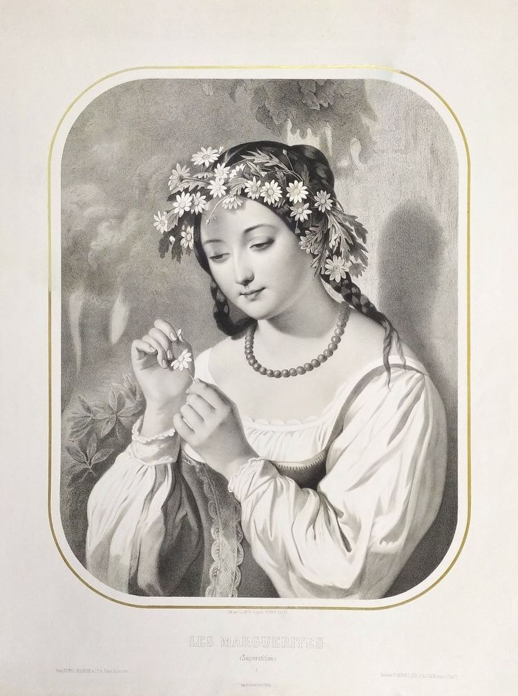 Lithografie „Die Gänseblümchen oder der Aberglaube“ nach Romain Cazes, 19. Jahrhundert