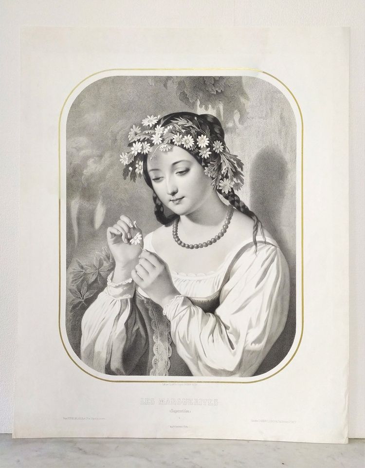 Lithografie „Die Gänseblümchen oder der Aberglaube“ nach Romain Cazes, 19. Jahrhundert