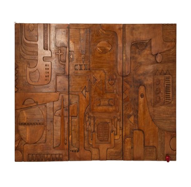 Sieg von Segonzac. Geschnitztes Holz-Triptychon. Zeitgenössisch. LS67765019