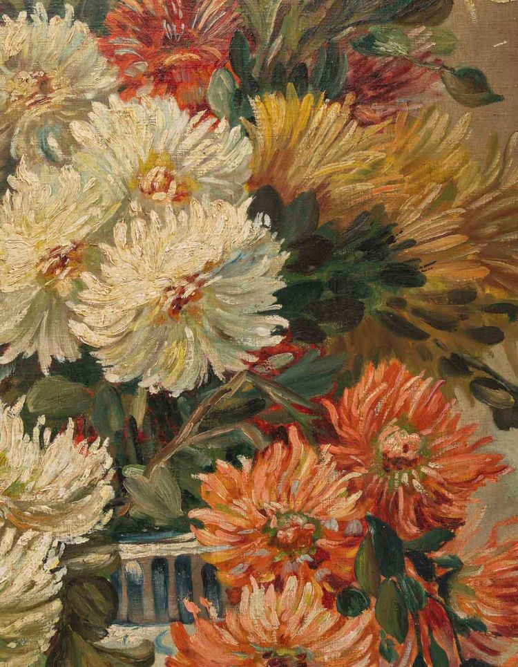 Öl auf Leinwand, Chrysanthemen, J. Schneider