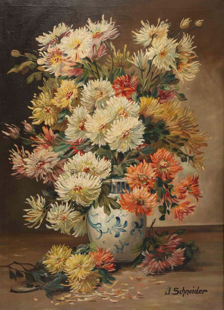 Öl auf Leinwand, Chrysanthemen, J. Schneider