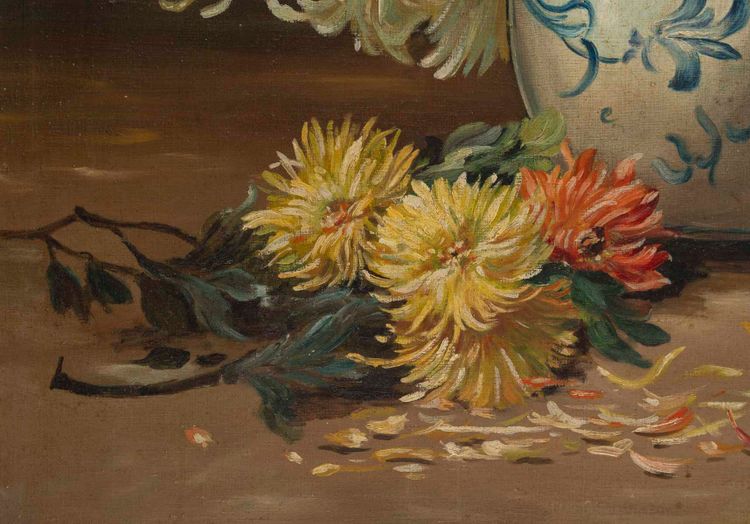 Öl auf Leinwand, Chrysanthemen, J. Schneider