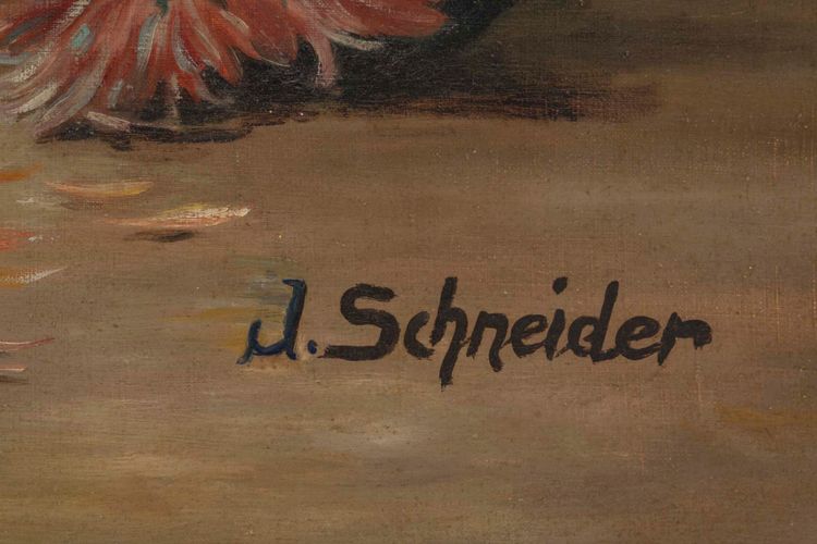 Öl auf Leinwand, Chrysanthemen, J. Schneider