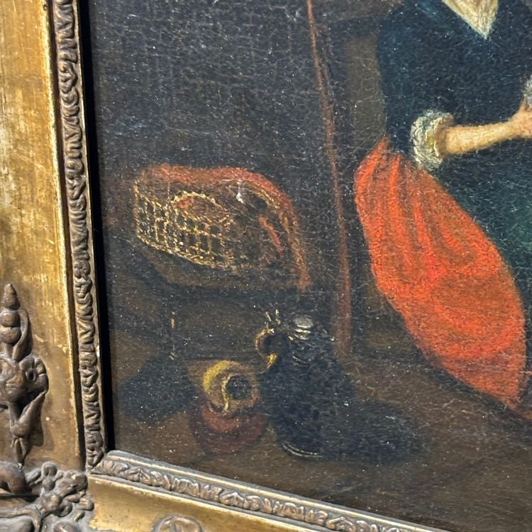 Tableau ancien représentant une scène d'intérieur, XVIIIe siècle, « FEMME AU ROUE-FILE », huile flamande sur toile, encadrée
