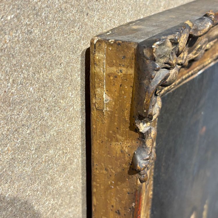 Tableau ancien représentant une scène d'intérieur, XVIIIe siècle, « FEMME AU ROUE-FILE », huile flamande sur toile, encadrée