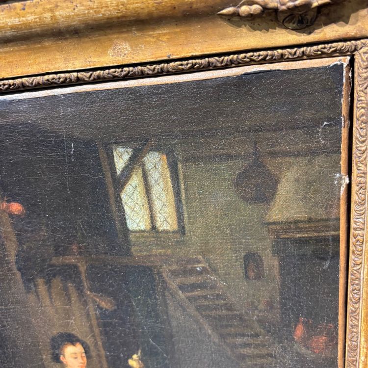 Tableau ancien représentant une scène d'intérieur, XVIIIe siècle, « FEMME AU ROUE-FILE », huile flamande sur toile, encadrée