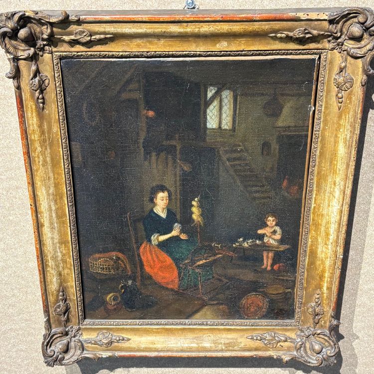Tableau ancien représentant une scène d'intérieur, XVIIIe siècle, « FEMME AU ROUE-FILE », huile flamande sur toile, encadrée