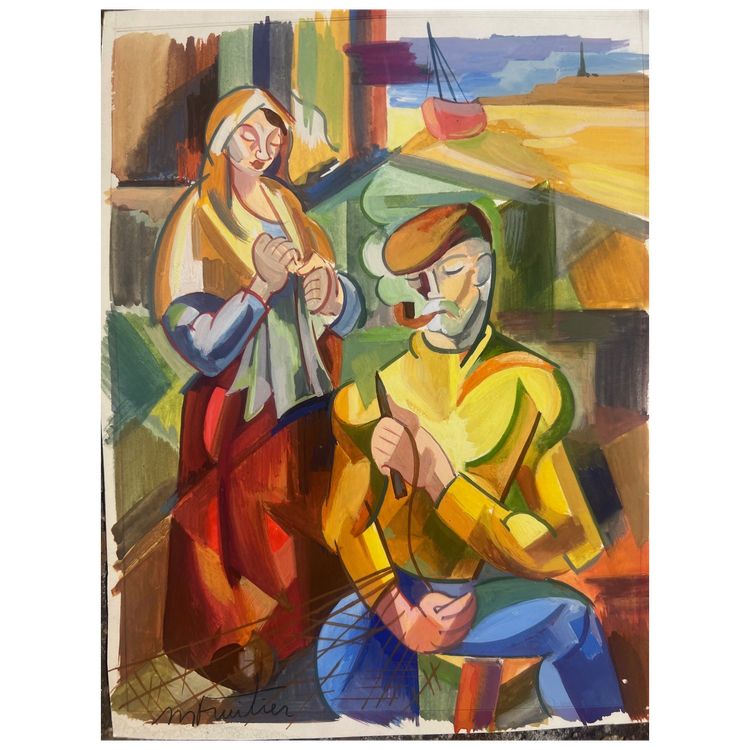 tableau gouache par Murice Fruitier Cubiste pêcheur Breton à son filet 