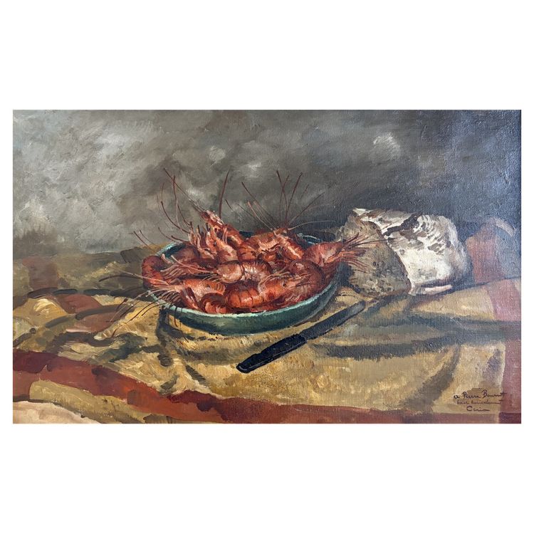Edmond Ceria, Gamberetti e pagnotta di pane, olio su tela