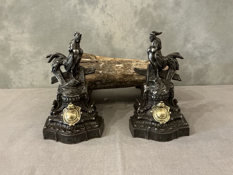 Paire de chenets anciens en fonte et bronze d'époque 19 ème modèle aux coqs