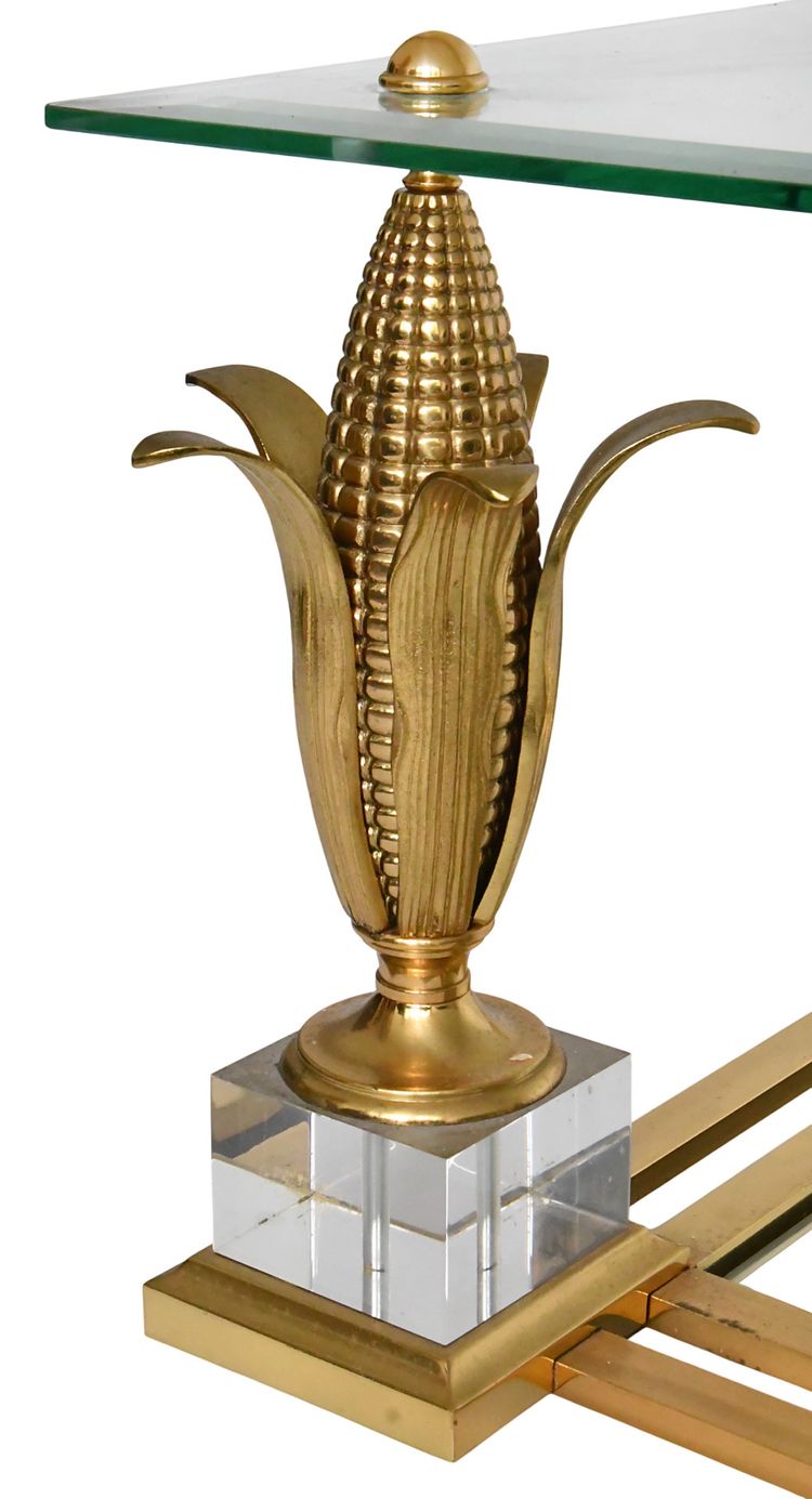 Table basse en laiton doré et verre à décor des épis de maïs 