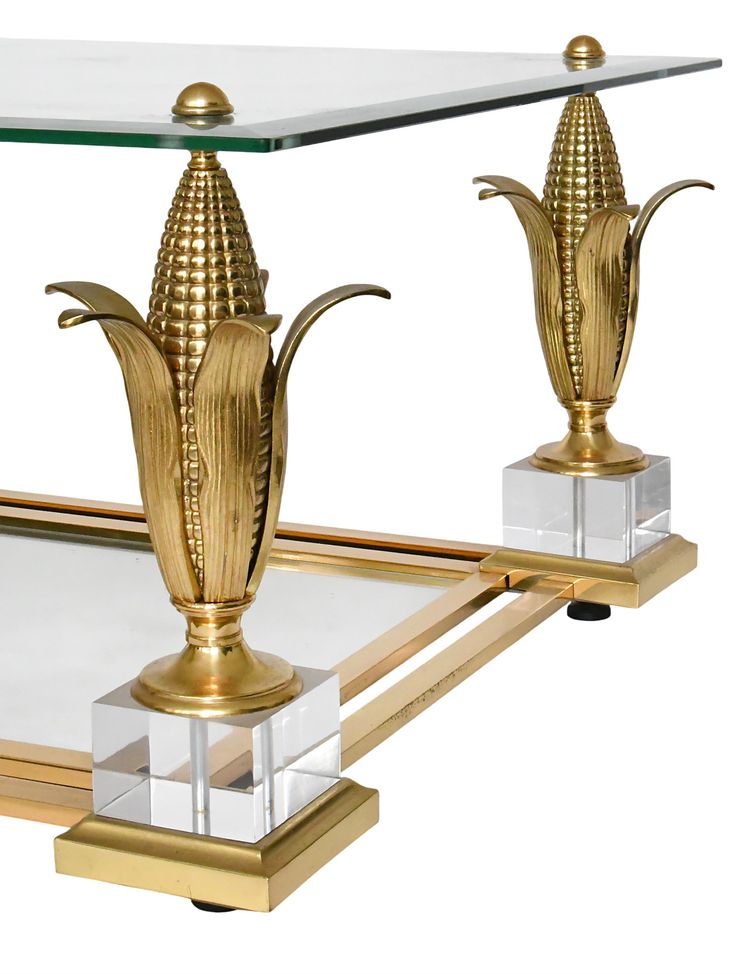 Table basse en laiton doré et verre à décor des épis de maïs 