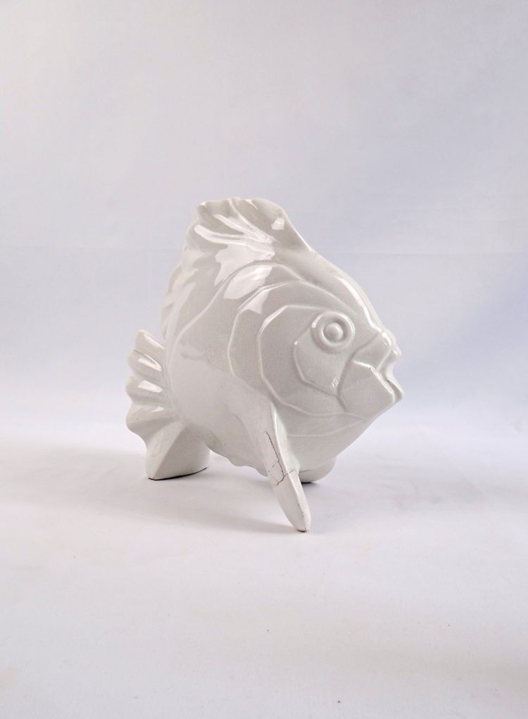 Poisson Art Déco signé Géo Condé en céramique craquelée début XXe