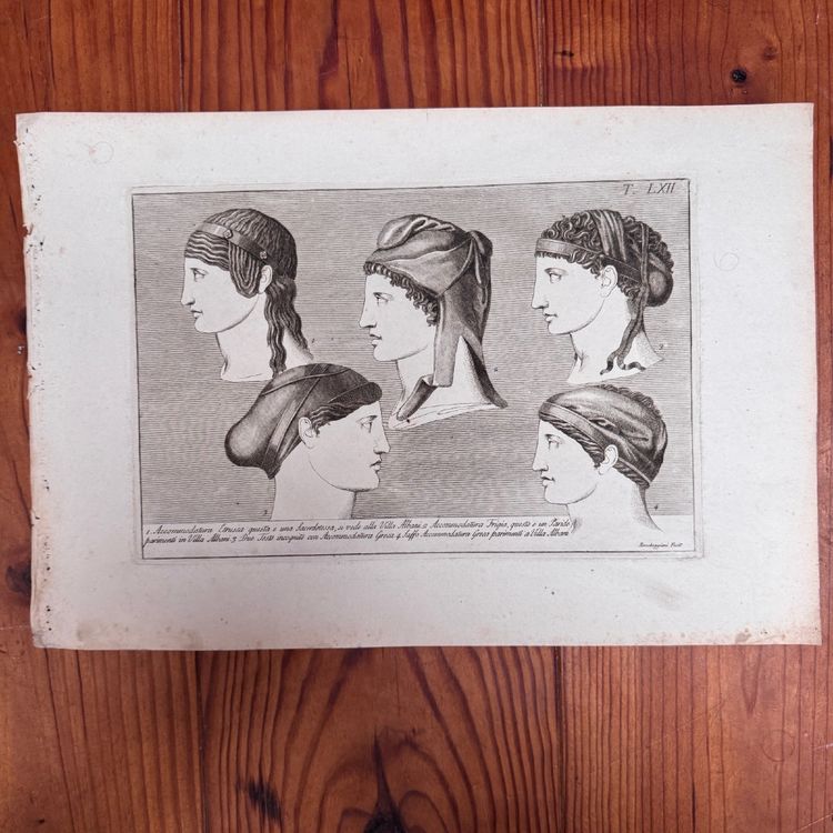 Kupferstich im antiken Stil aus dem frühen 19. Jahrhundert mit fünf Profilgesichtern von Roccheggiani feci