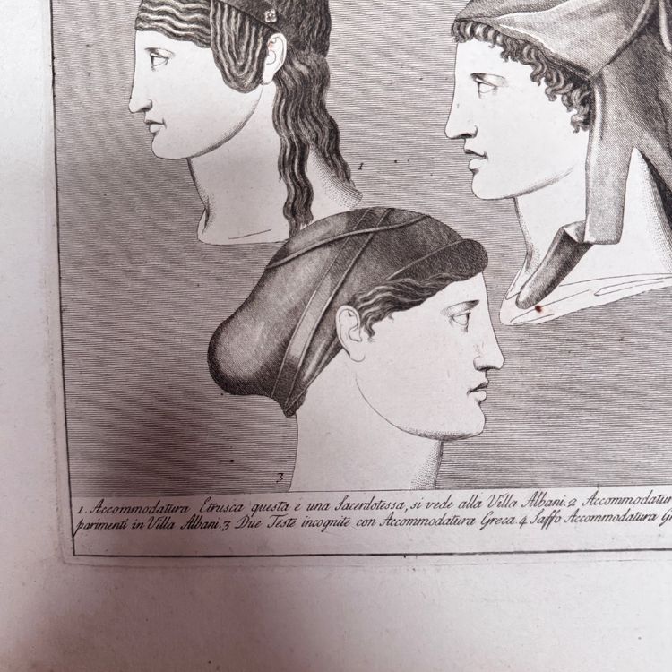 Kupferstich im antiken Stil aus dem frühen 19. Jahrhundert mit fünf Profilgesichtern von Roccheggiani feci