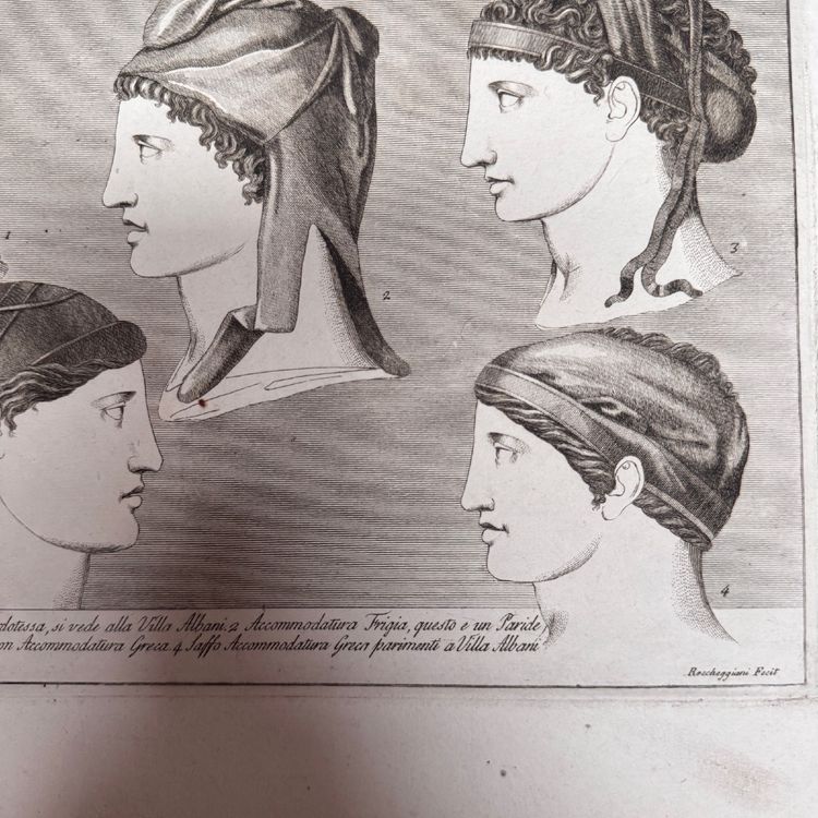 Kupferstich im antiken Stil aus dem frühen 19. Jahrhundert mit fünf Profilgesichtern von Roccheggiani feci