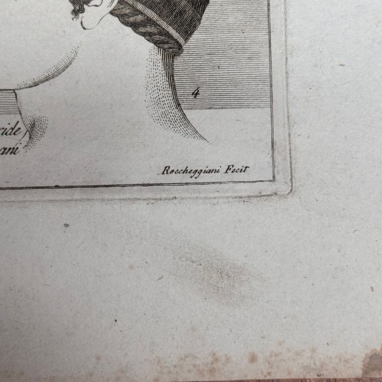 Kupferstich im antiken Stil aus dem frühen 19. Jahrhundert mit fünf Profilgesichtern von Roccheggiani feci