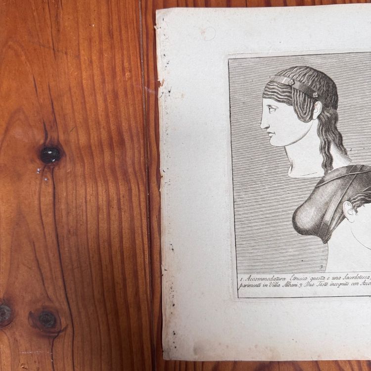 Kupferstich im antiken Stil aus dem frühen 19. Jahrhundert mit fünf Profilgesichtern von Roccheggiani feci