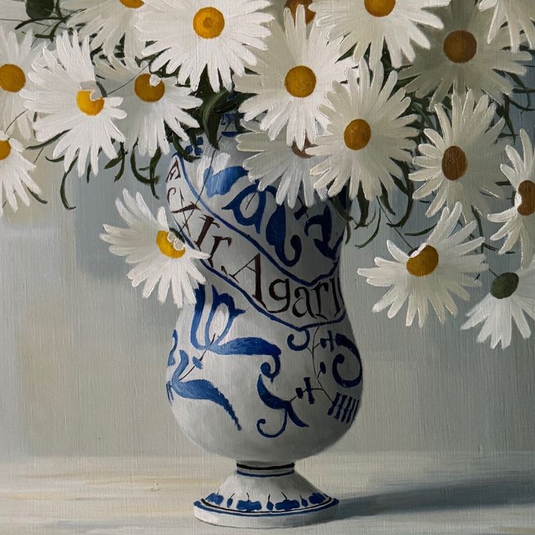 Öl auf Leinwand, Stillleben mit Gänseblümchen von Elisabeth Rouvière, 20. Jahrhundert