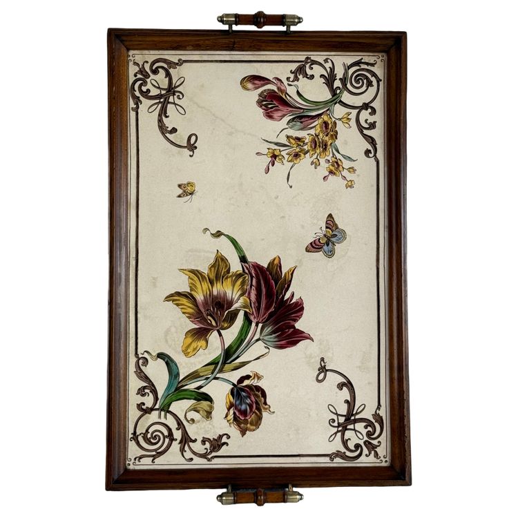 PLATEAU DE SERVICE ART NOUVEAU AVEC UN PANNEAU EN FAIENCE A DECOR FLORALE