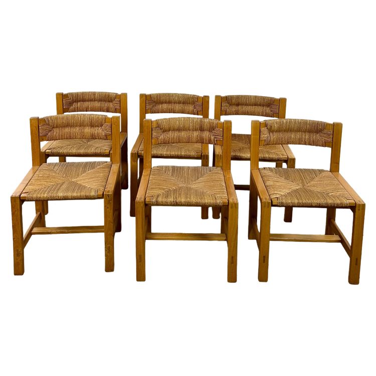 Série de 6 chaises en orme massif Maison REGAIN 1970