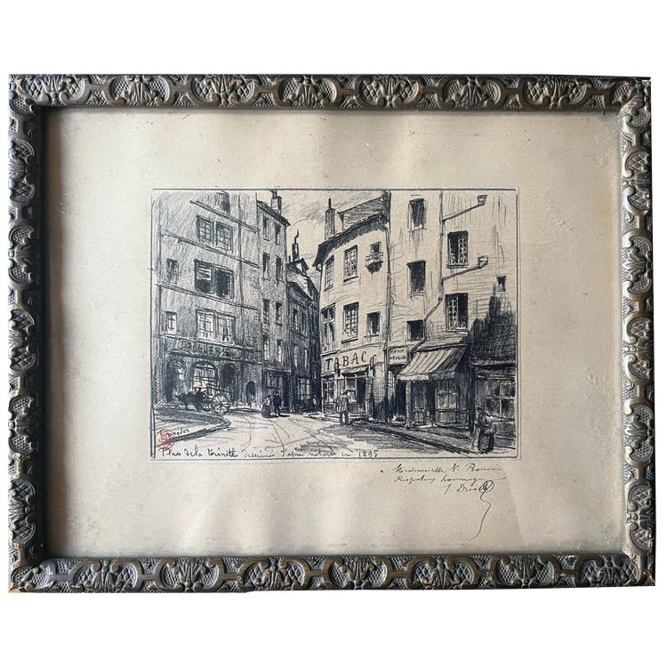 Tableau Dessin original Joannès DREVET (1854-1940) Lyon Place de la Trinité 1895